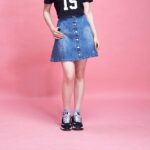 UP Sweety CURSIVE LOGO / BUTTONED DENIM SKIRT